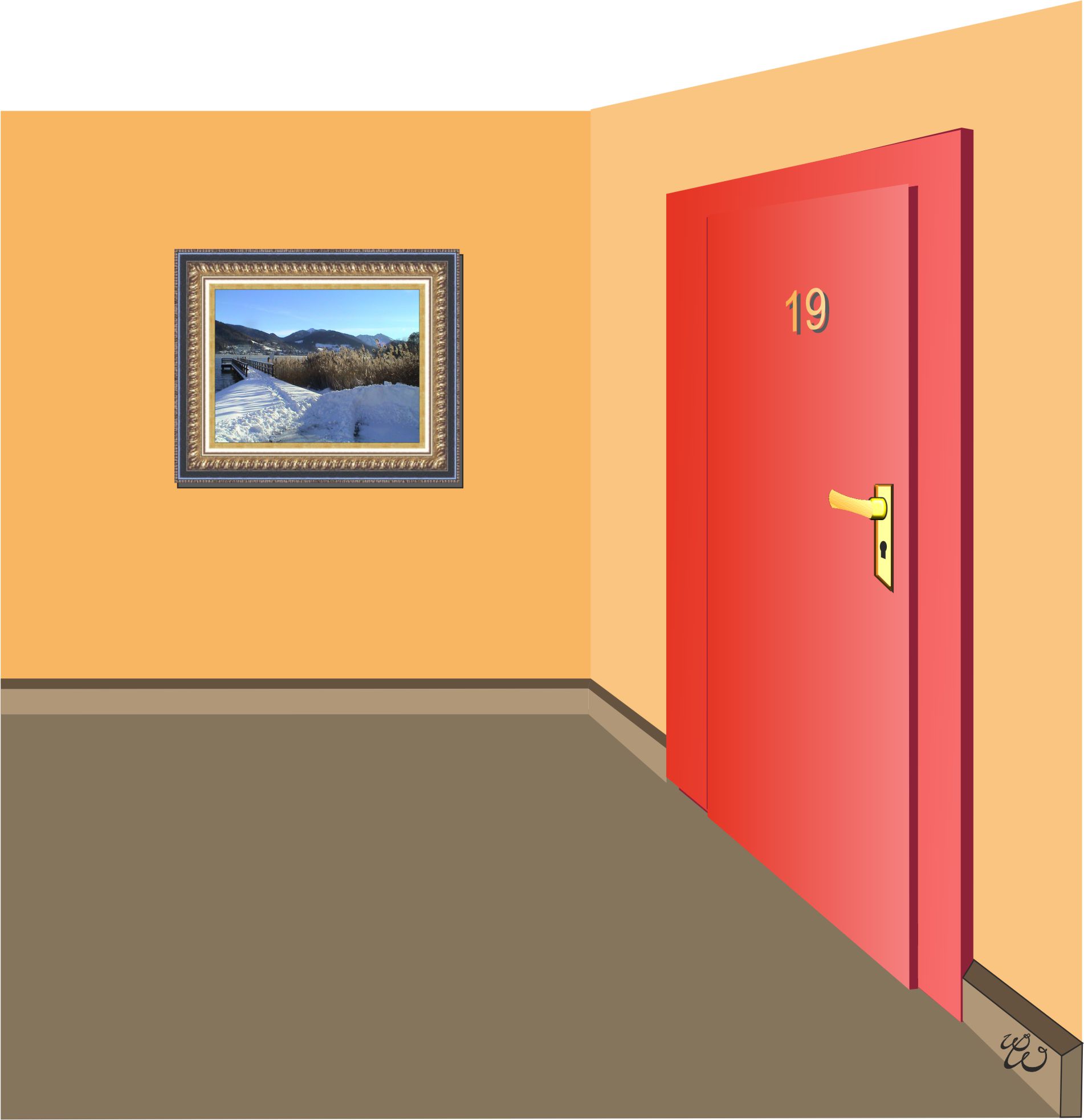 Ein Wohnzimmer mit roter Tür, Zahl Neunzehn drauf. An der Wand ein Gemälde