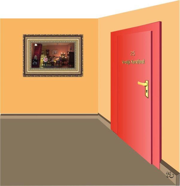 rote Tür, Zahl 25, Auf der Tür liest man Vrolijk Kerstfeest, Wandbild